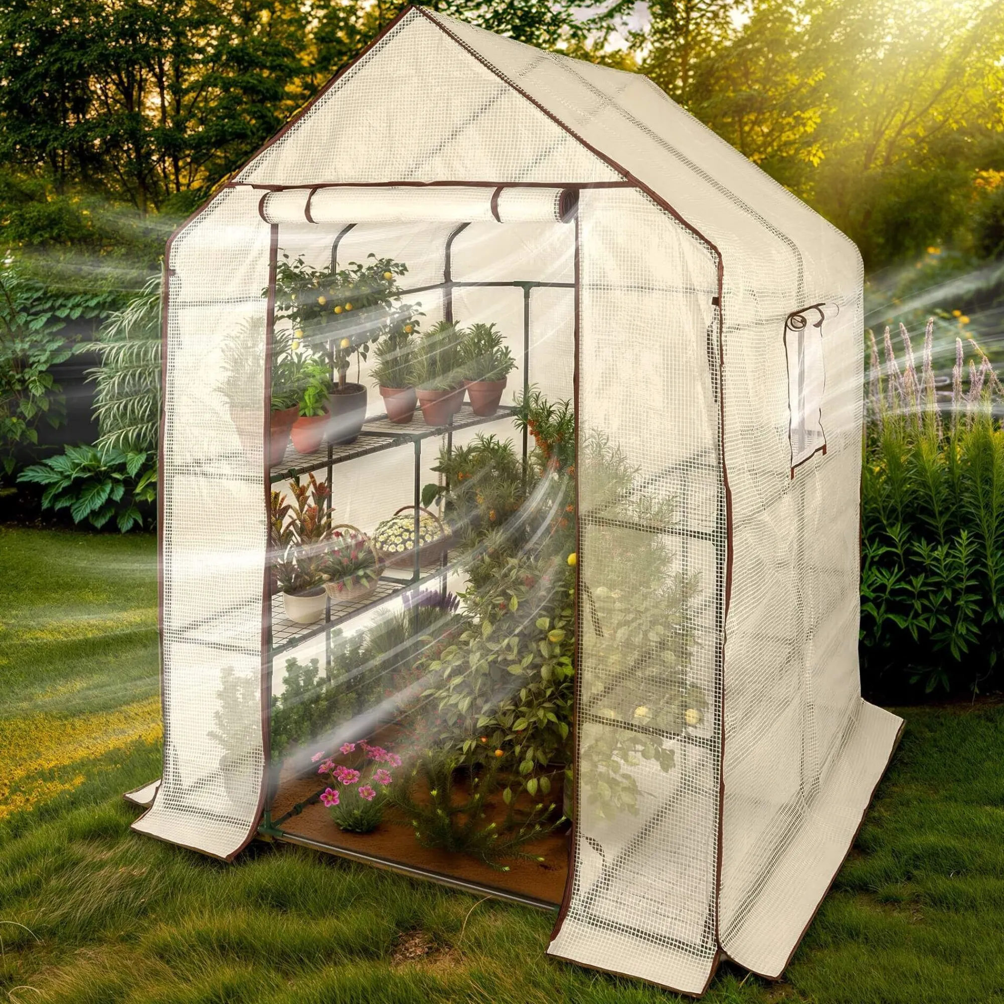 Arebos Foliengewächshaus mit Ablagen 143 x 143 x 195 cm