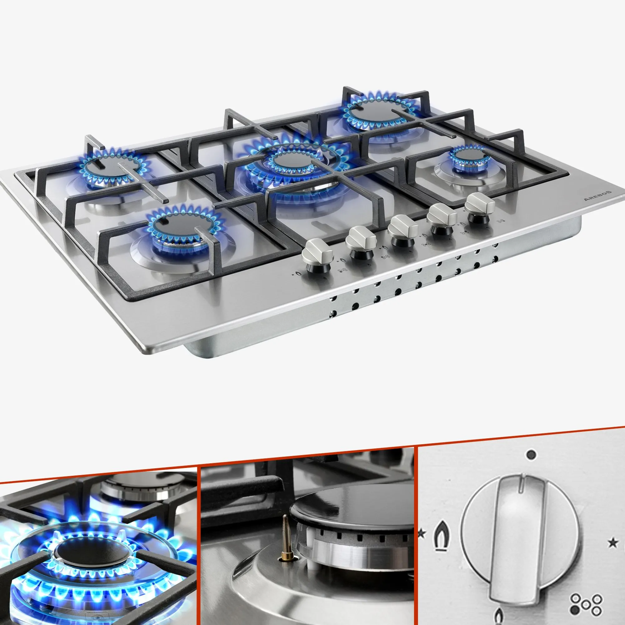 Arebos Gaskochfeld 68cm 5 Brenner Clearance