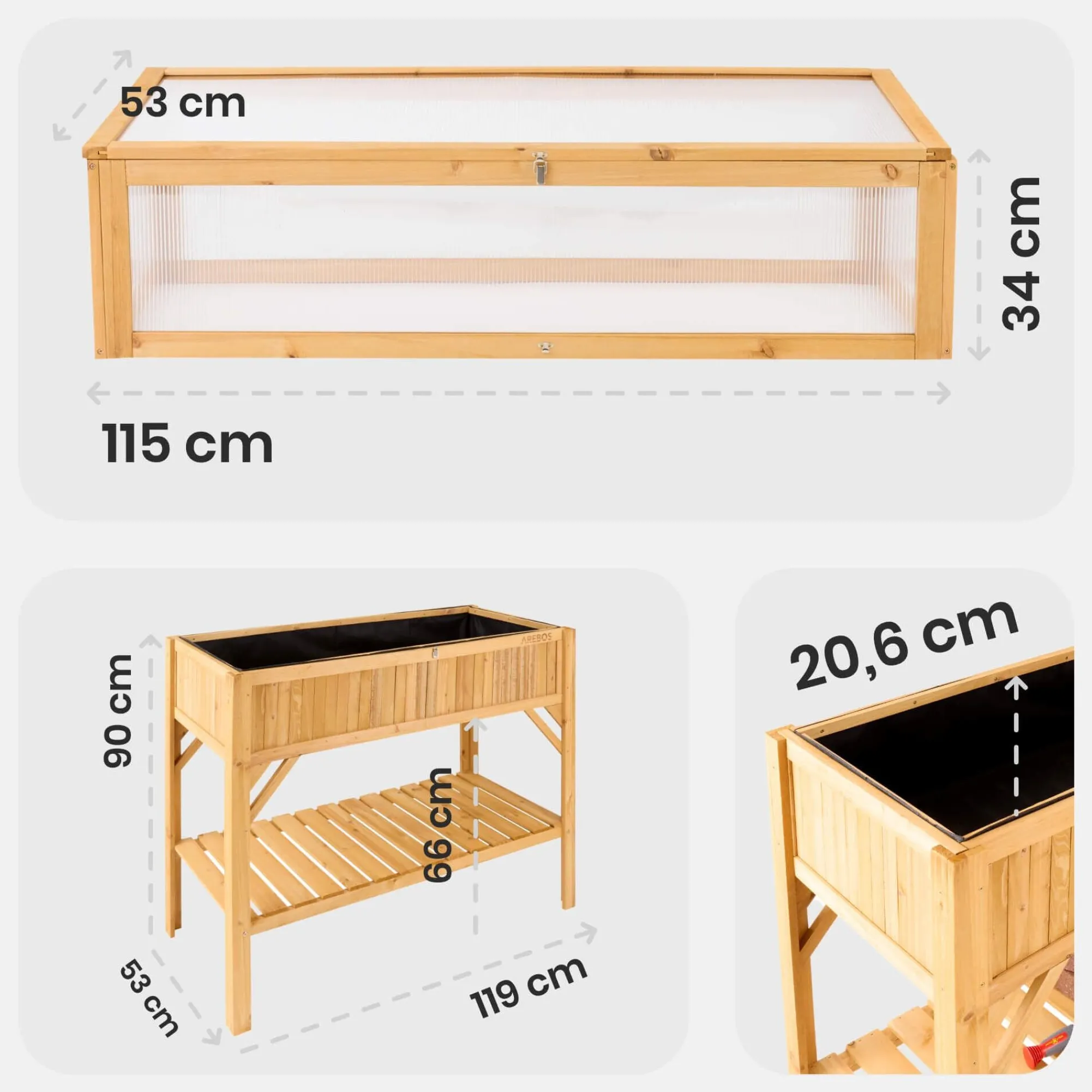 Arebos Holz Hochbeet mit Ablage und Frühbeet-Aufsatz