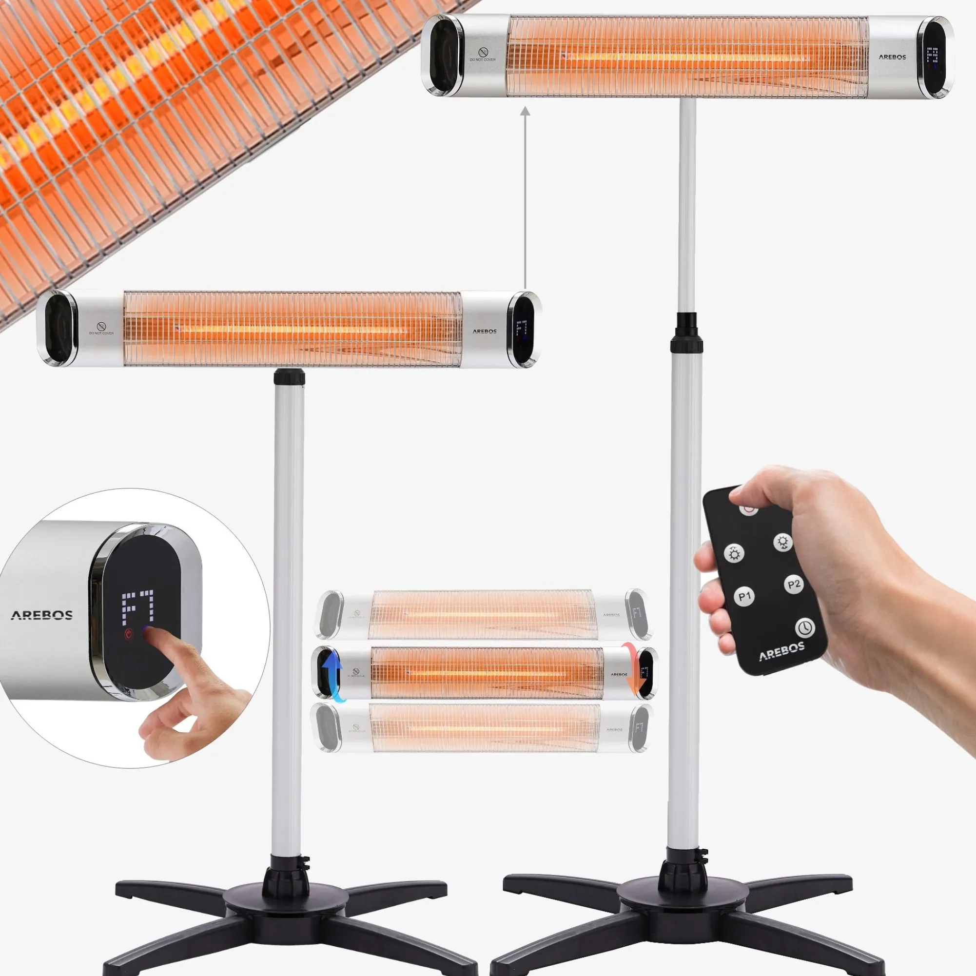 Arebos Infrarot Heizstrahler 2000W mit Stativ & Fernbedienung Silber New