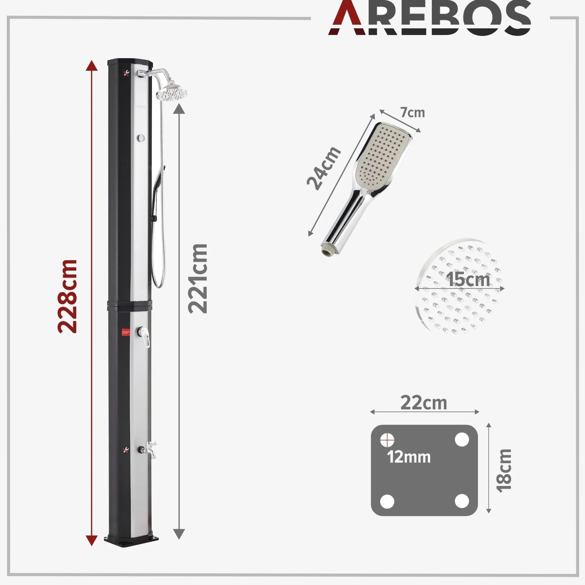 Arebos Solardusche 60L mit Handbrause und Themometer schwarz/silber Hot