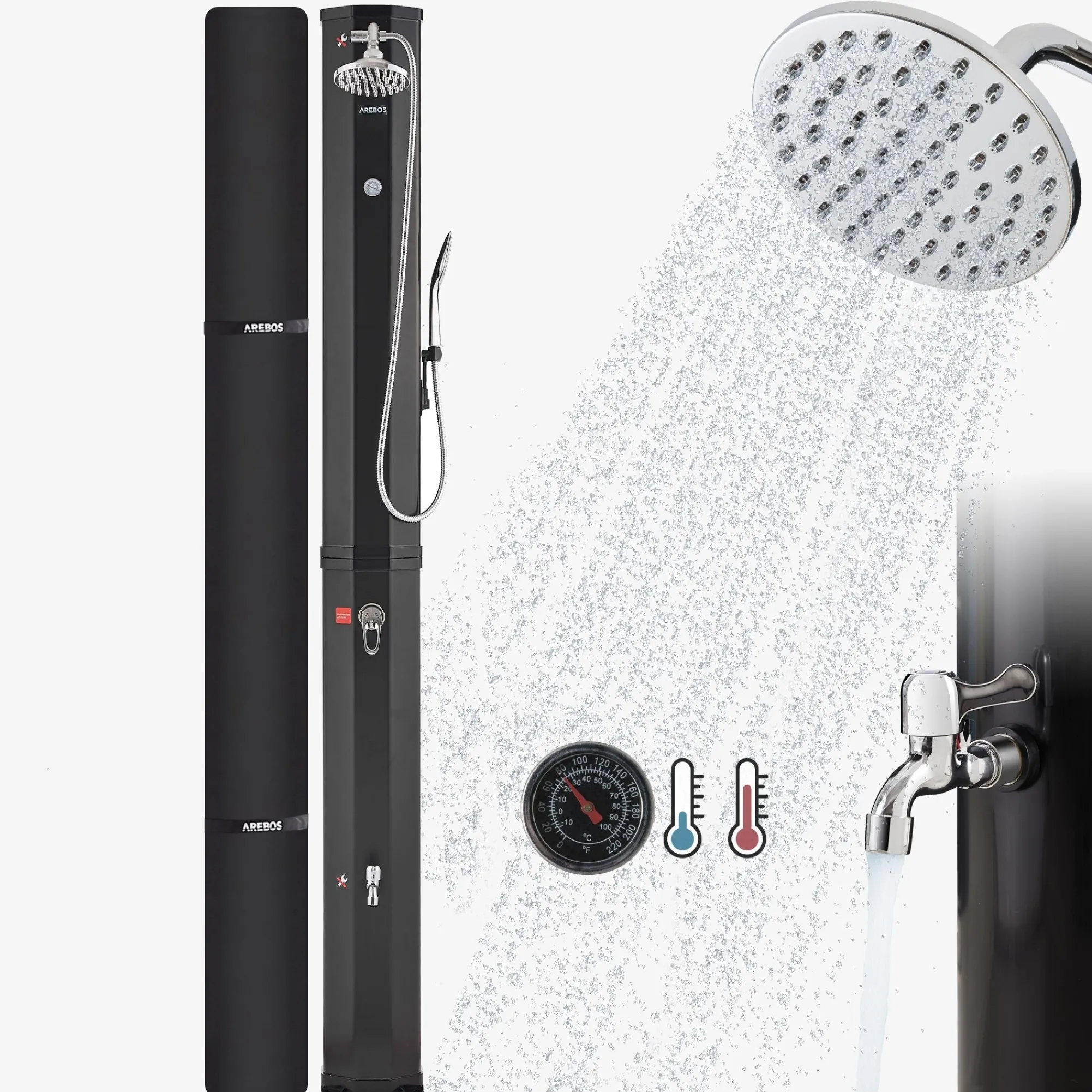 Arebos Solardusche 60L mit Thermometer und Handbrause schwarz