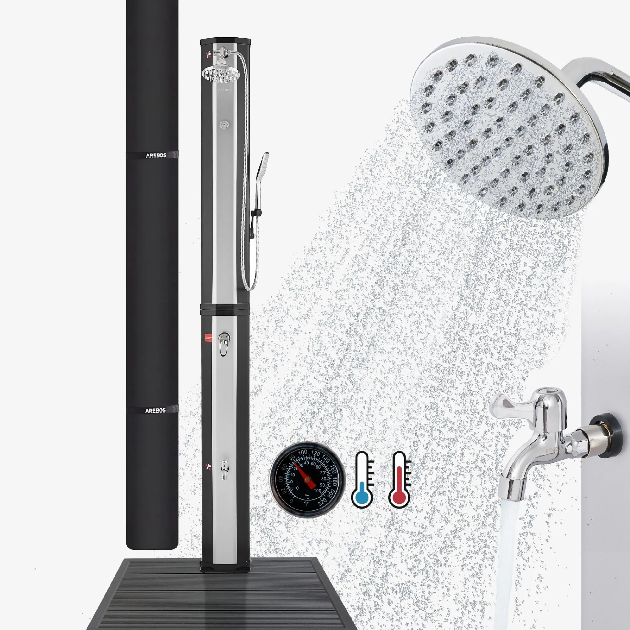 Arebos Solardusche 60L mit Thermometer und Handbrause schwarz-silber mit Bodenplatte Anthrazit Clearance