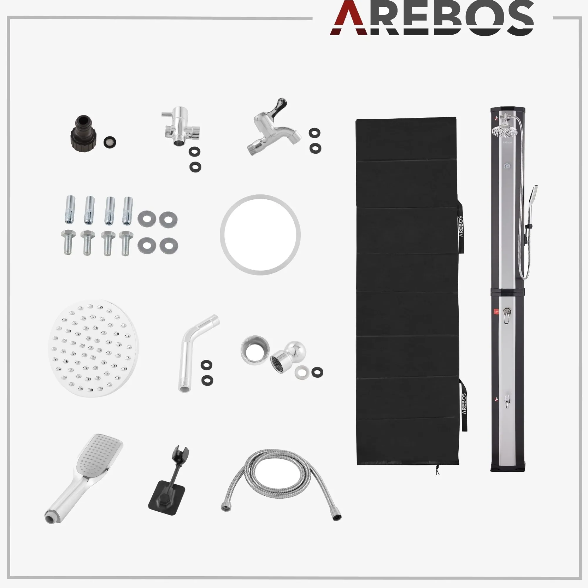 Arebos Solardusche 60L mit Thermometer und Handbrause schwarz-silber mit Bodenplatte Anthrazit Clearance