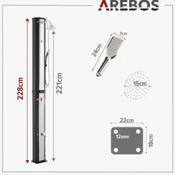 Arebos Solardusche 60L mit Thermometer und Handbrause schwarz-silber mit Bodenplatte Anthrazit Clearance