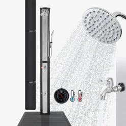 Arebos Solardusche 60L mit Thermometer und Handbrause schwarz-silber mit Bodenplatte Anthrazit Clearance