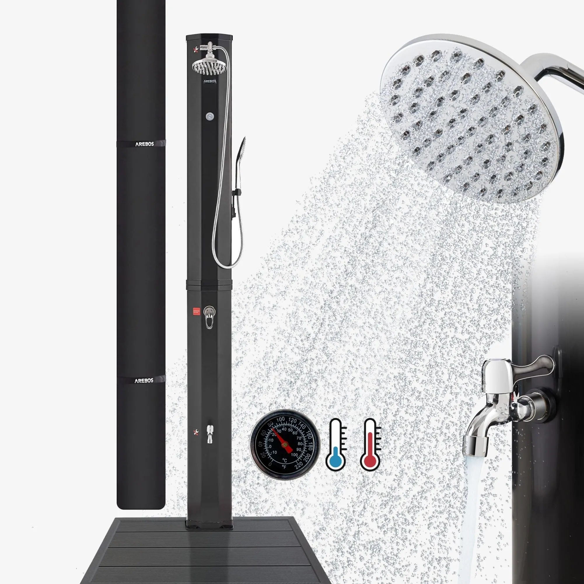 Arebos Solardusche 60L schwarz + Bodenplatte Anthrazit Online