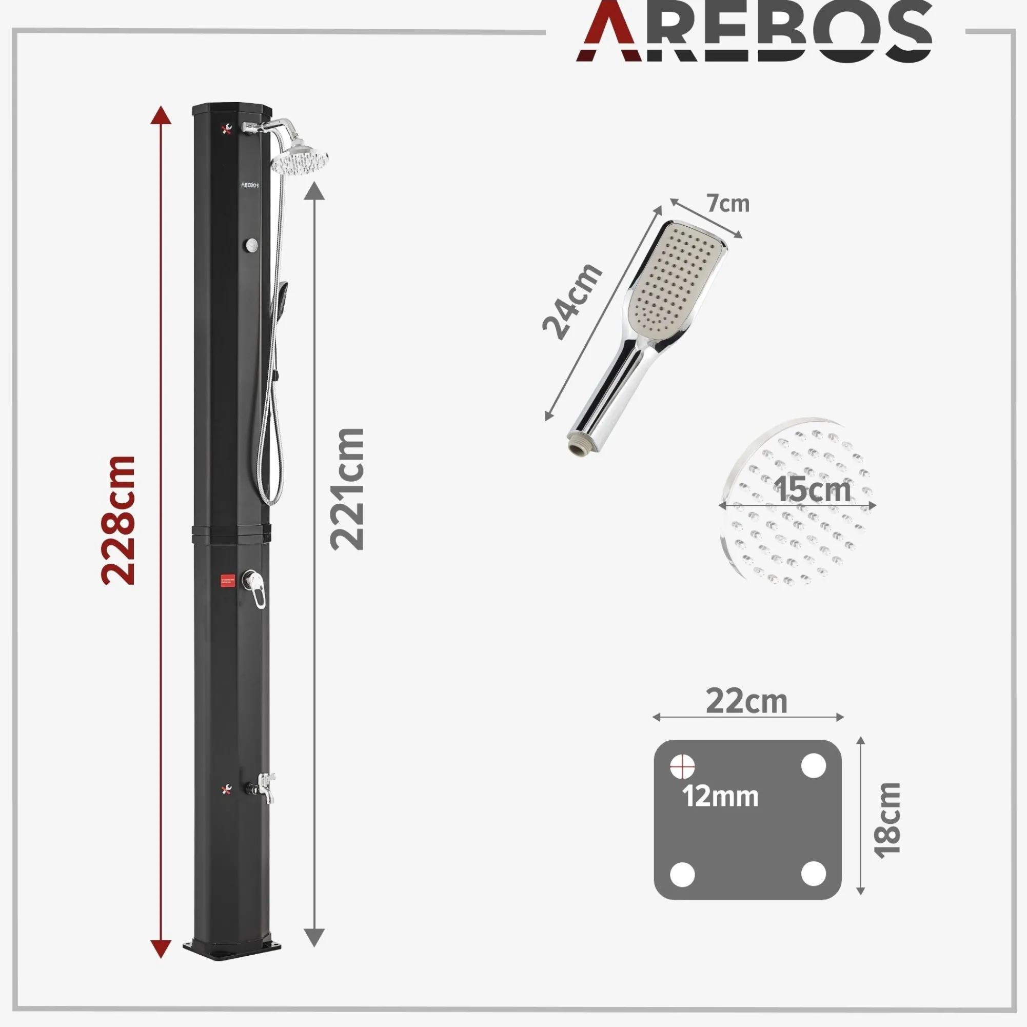 Arebos Solardusche 60L schwarz + Bodenplatte Anthrazit Online