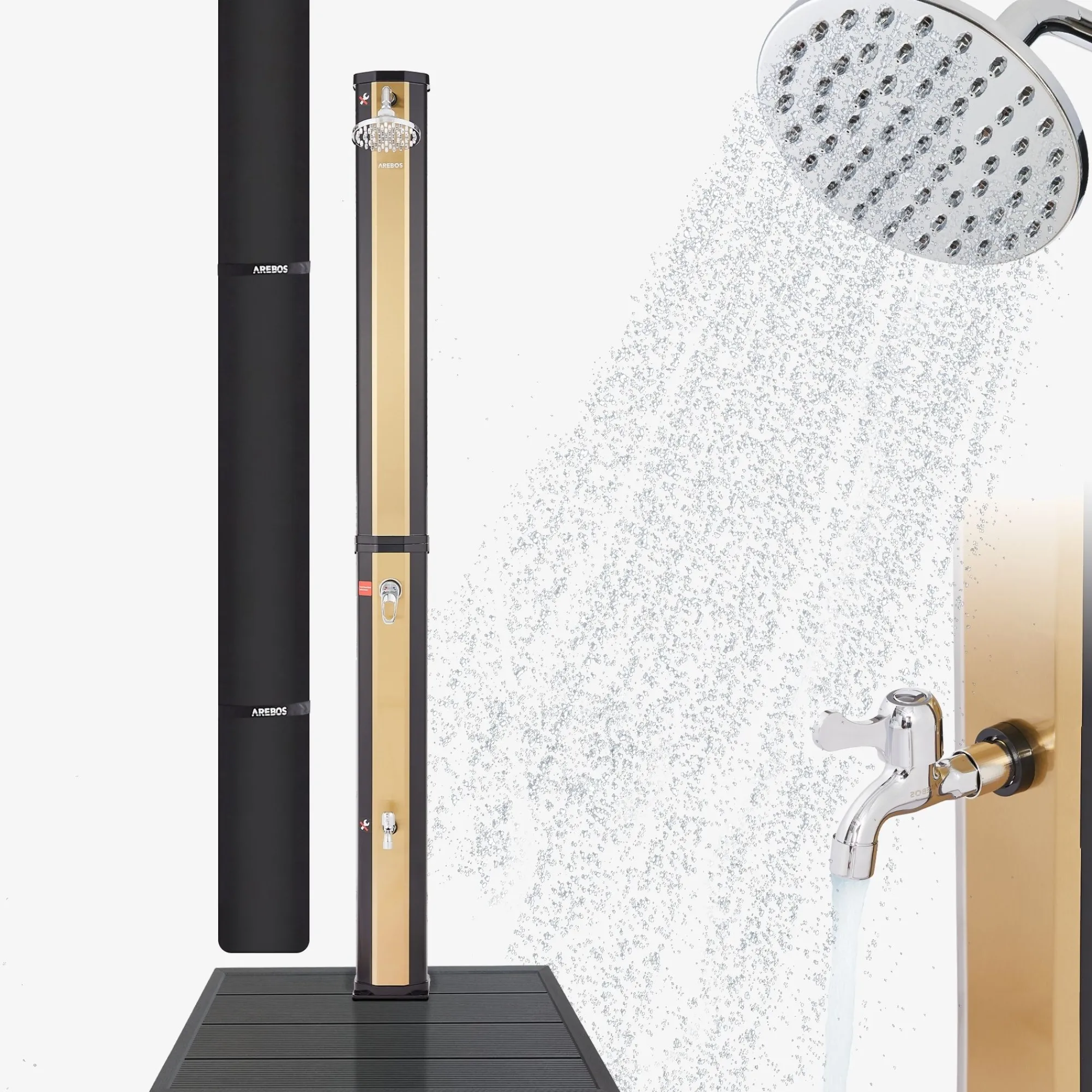 Arebos Solardusche 35L Schwarz golden mit Bodenplatte Anthrazit