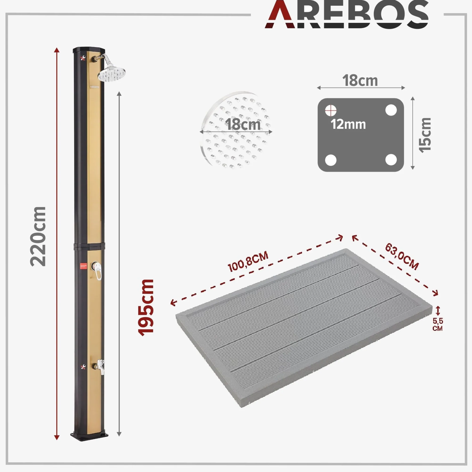 Arebos Solardusche 35L Schwarz golden mit Bodenplatte Anthrazit