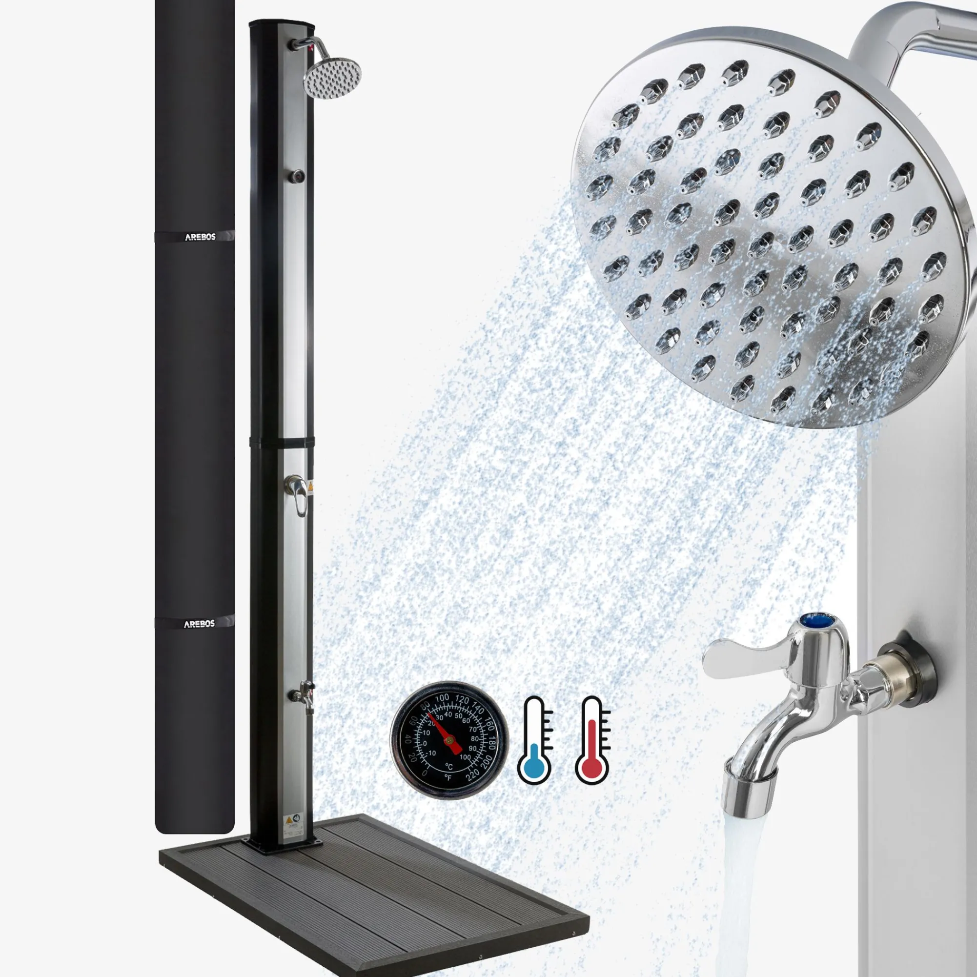 Arebos Solardusche 35L Silber - Bodenelement Anthrazit Outlet