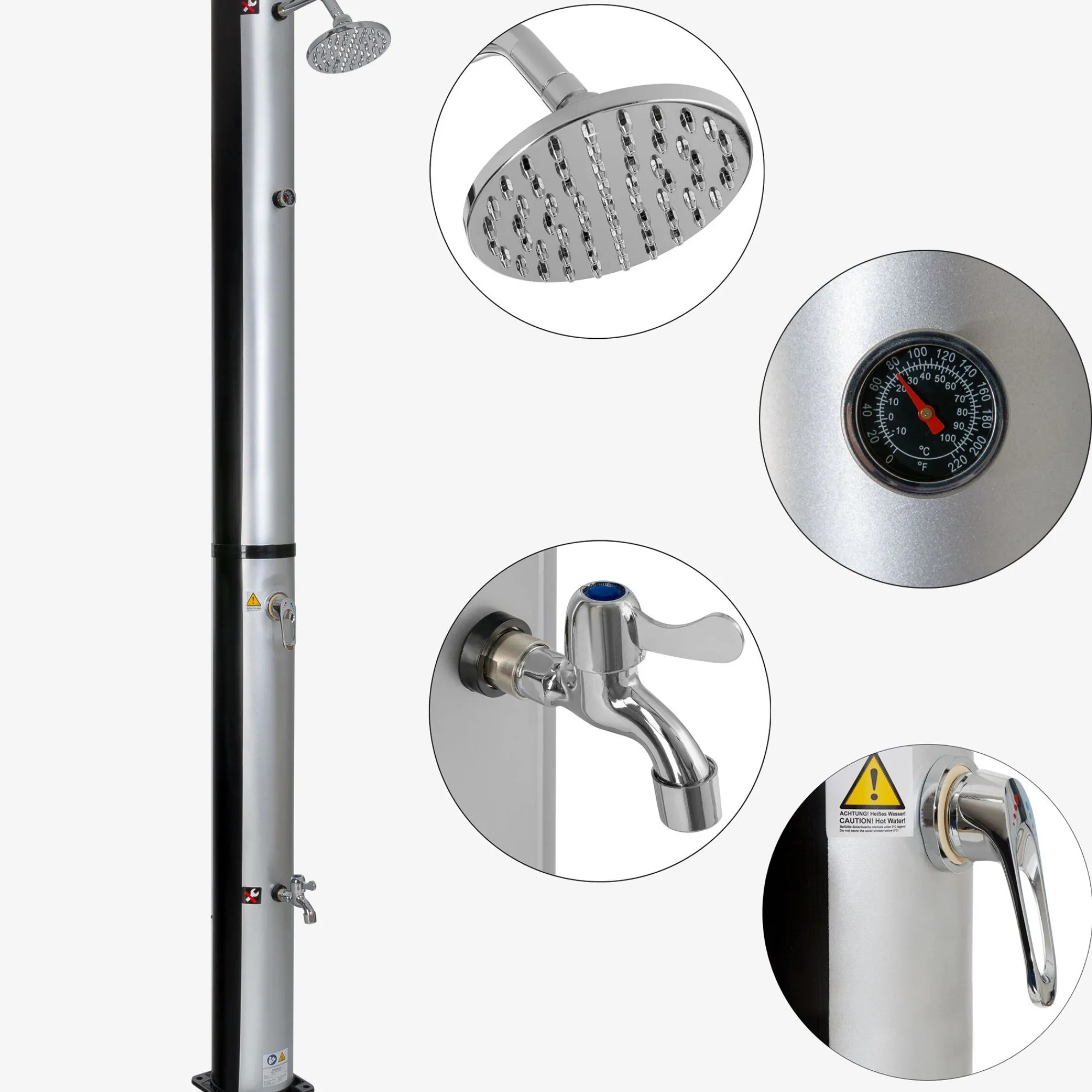 Arebos Solardusche 37L silber - rund - mit Thermometer Hot