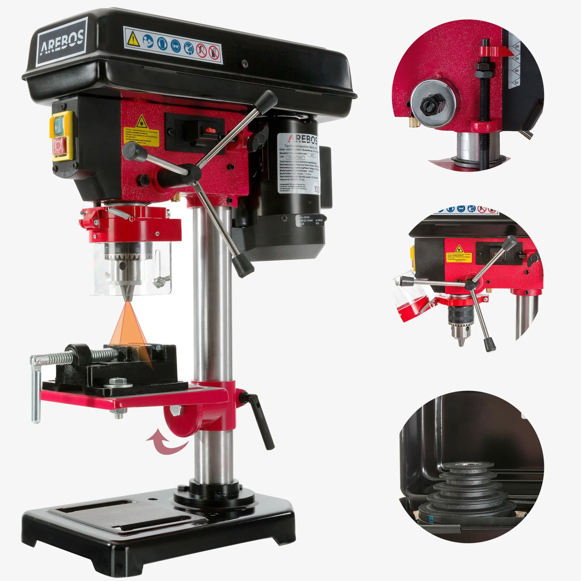 Arebos Tischbohrmaschine mit Laser 13 mm 500W