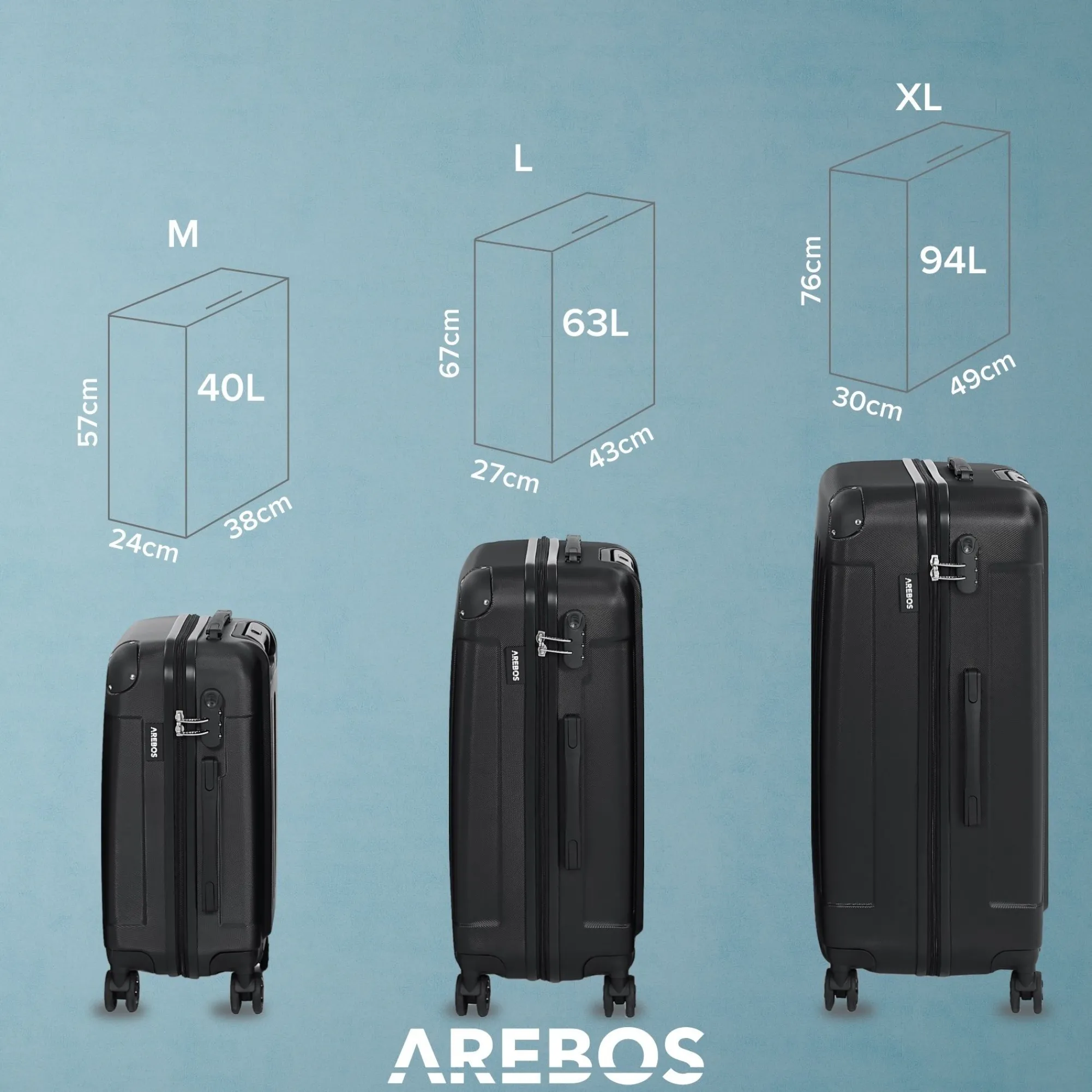 Arebos 3 tlg. Reisekoffer Set Schwarz Sale