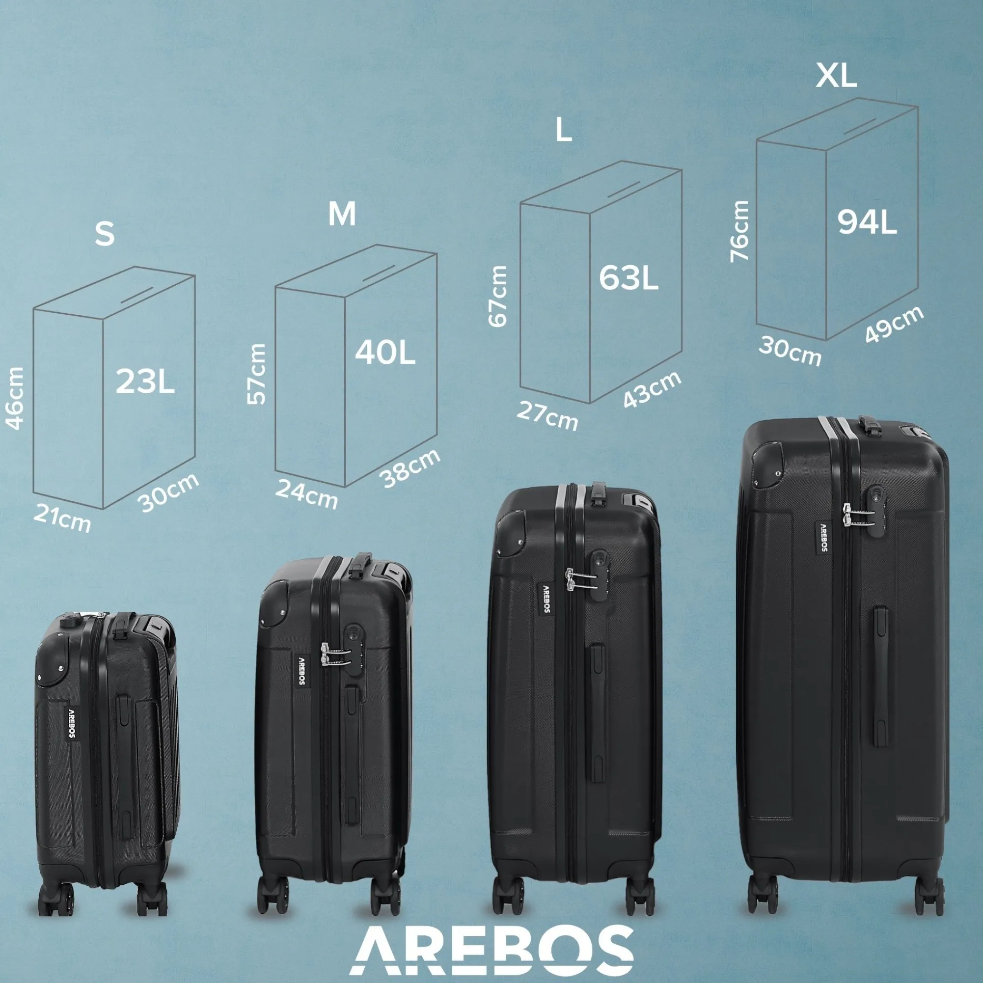 Arebos 4 tlg. Reisekoffer Set Schwarz Clearance